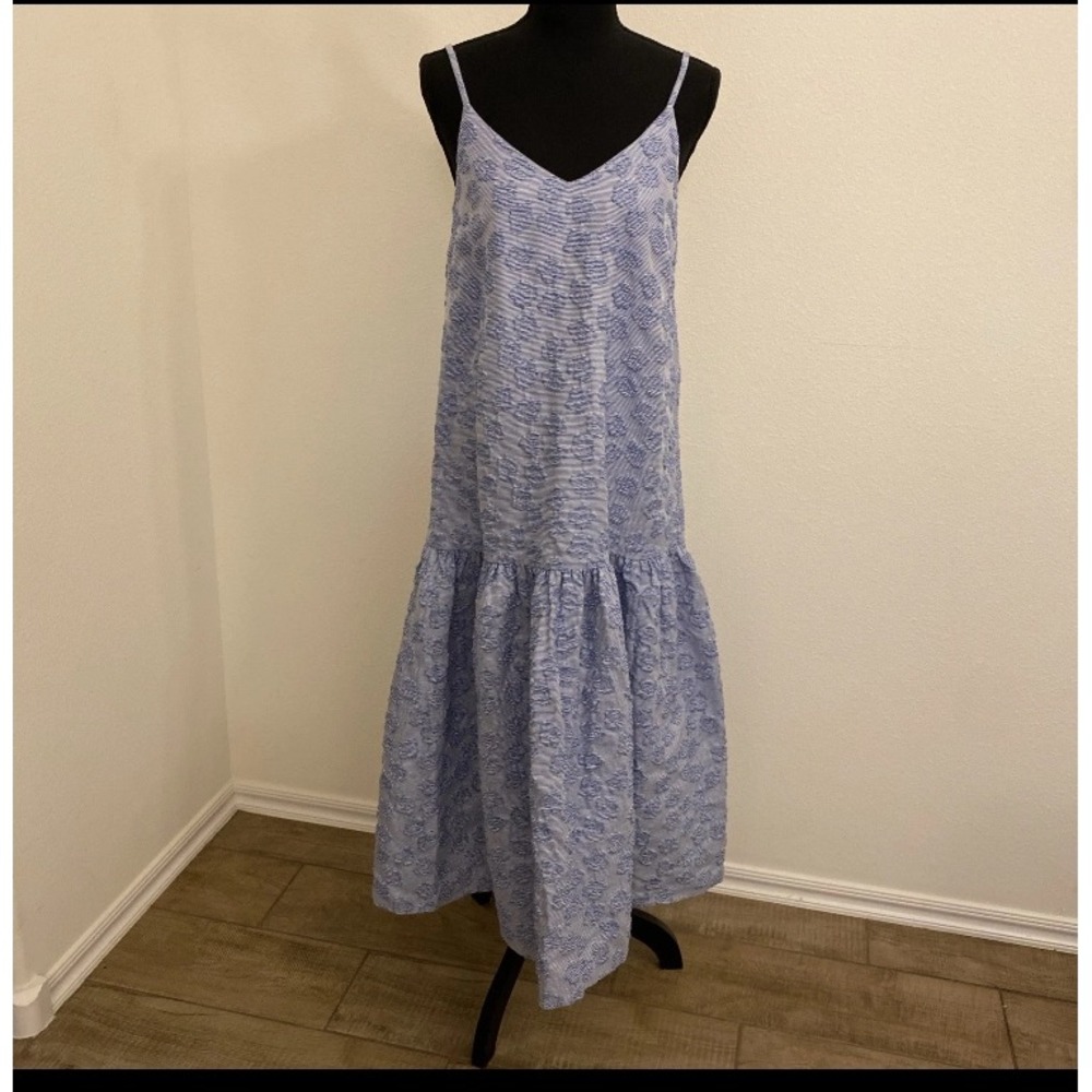 $875 CO Dress S Italian Cornflower Stripe Strappy Smocked Preppy Milkmaid Floral